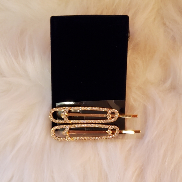 Paper Clip style Hair Pins with Rhinestones A Set of 2 Gold - Picture 1 of 4